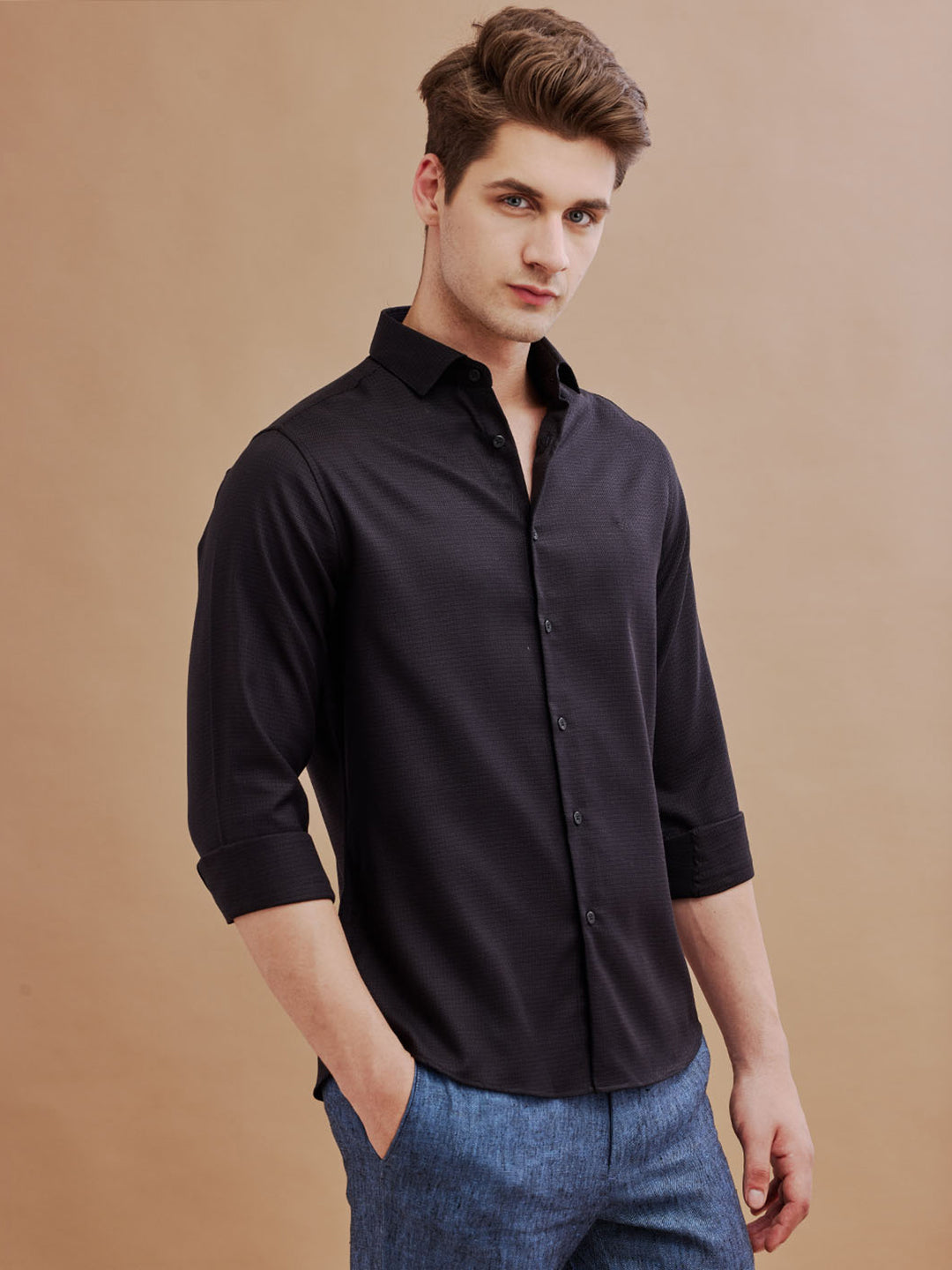 Aldeno Mens Regular Fit Textured Black Formal Cotton Shirt (FIOR)