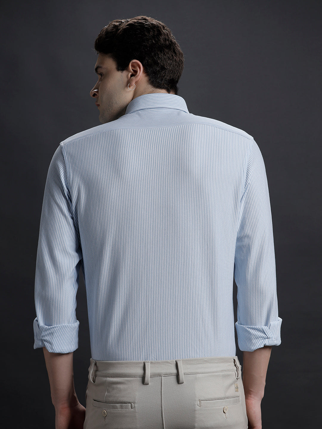 Aldeno Mens Regular Fit Vertical Stripes Blue Formal Knitted Cotton Shirt (CADEL)