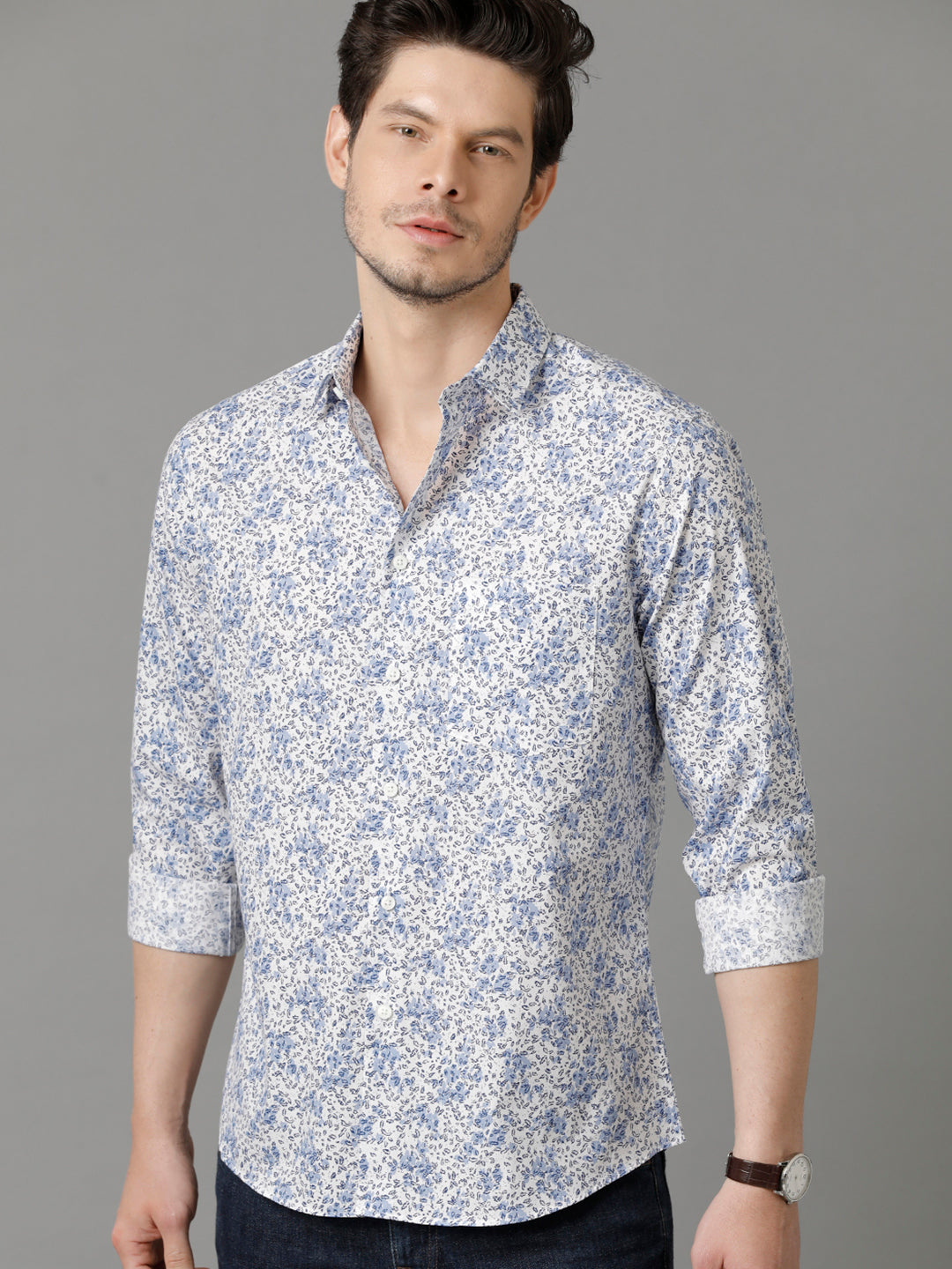 Aldeno Mens Regular Fit Geometric Print White Casual Cotton Shirt (CAREY)
