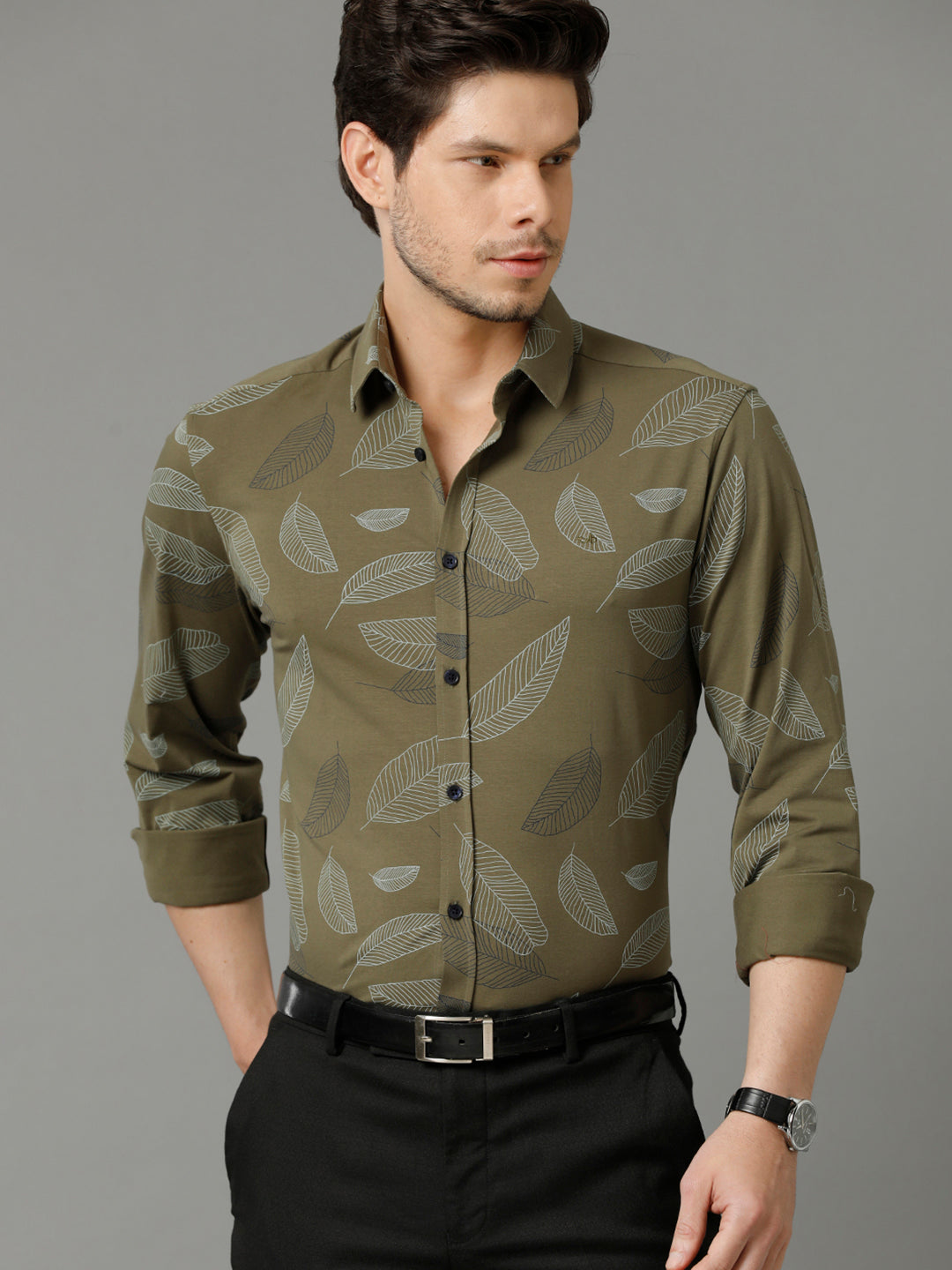 Aldeno Mens Regular Fit Floral Print Green Casual Knitted Cotton Shirt (CARSO)