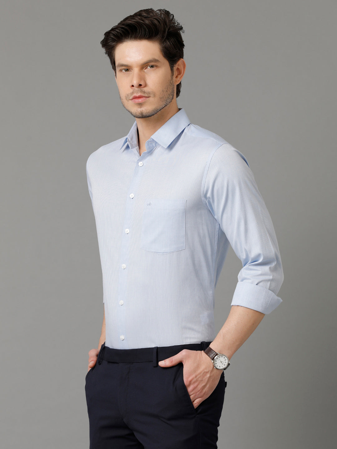 Aldeno Mens Regular Fit Vertical Stripes Blue Formal Cotton Shirt (CEDAR)