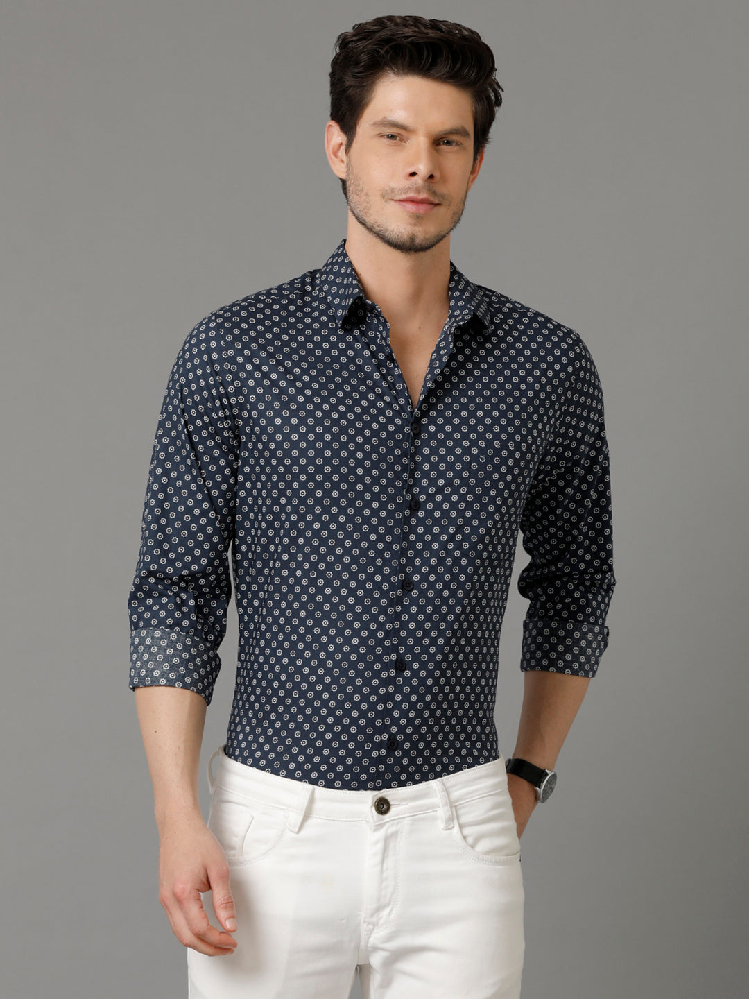 Aldeno Mens Regular Fit Abstract Print Navy Blue Casual Cotton Shirt (CHENG)