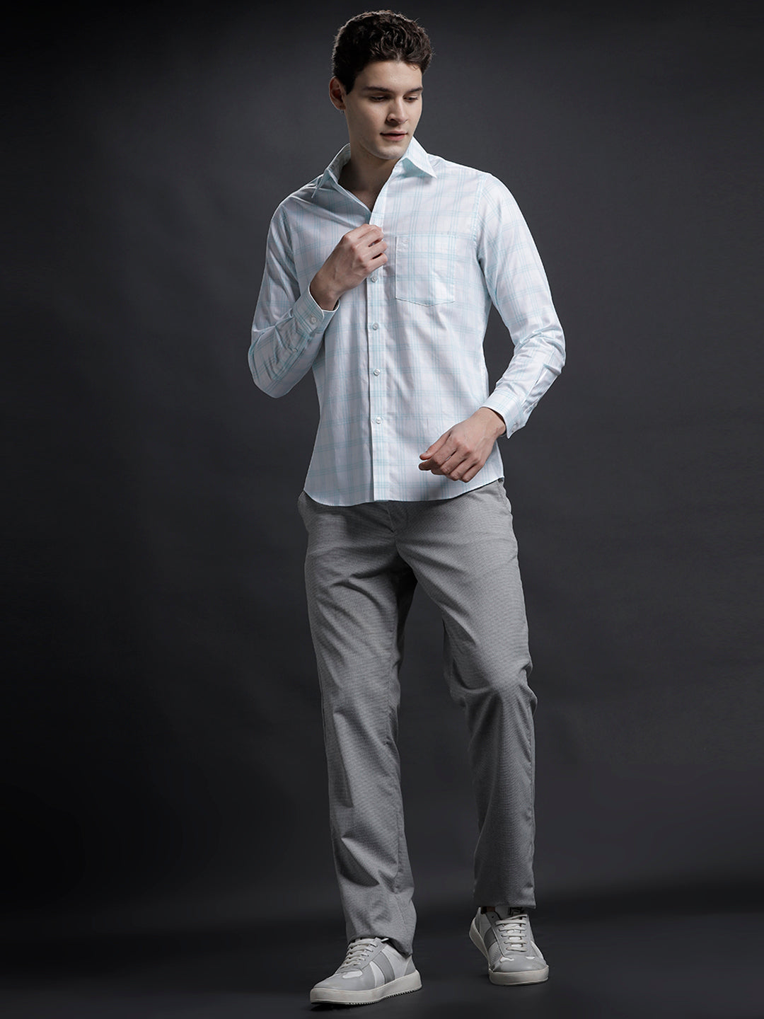 Aldeno Mens Regular Fit Check White/Light Blue Casual Cotton Shirt (COMBI)