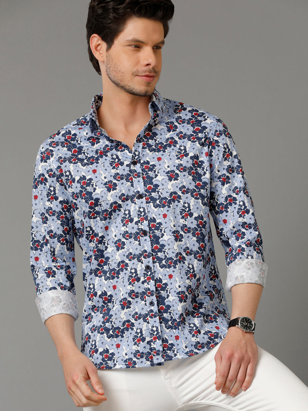 Aldeno Mens Regular Fit Floral Print Blue Casual Knitted Cotton Shirt (CONST)