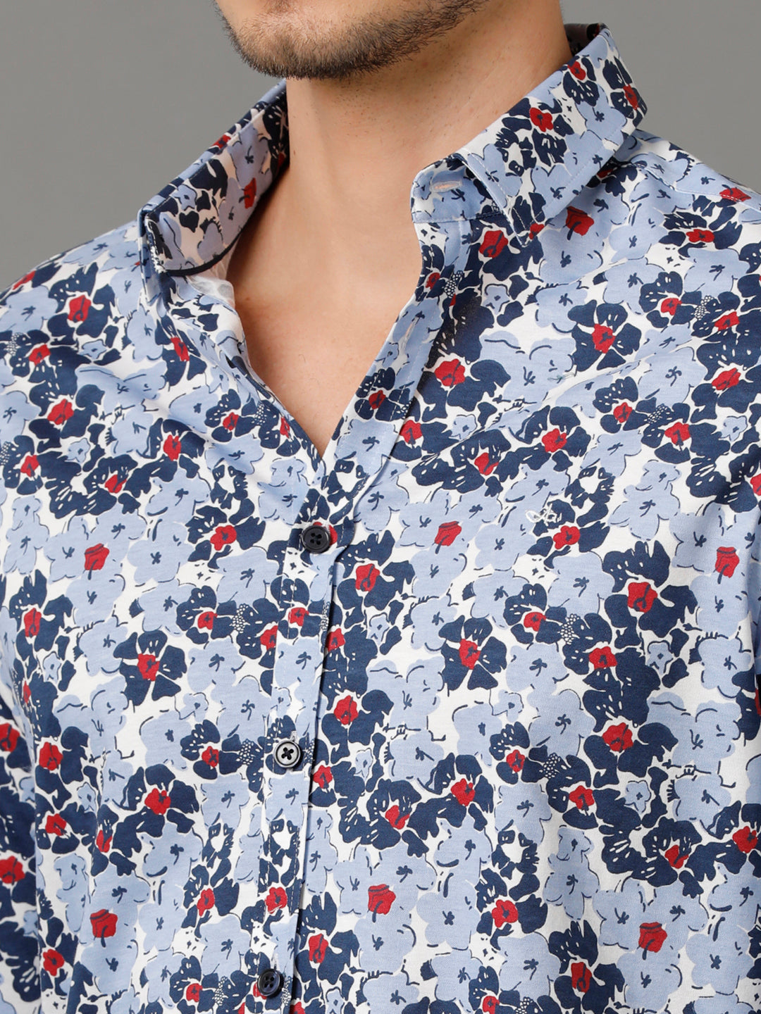 Aldeno Mens Regular Fit Floral Print Blue Casual Knitted Cotton Shirt (CONST)