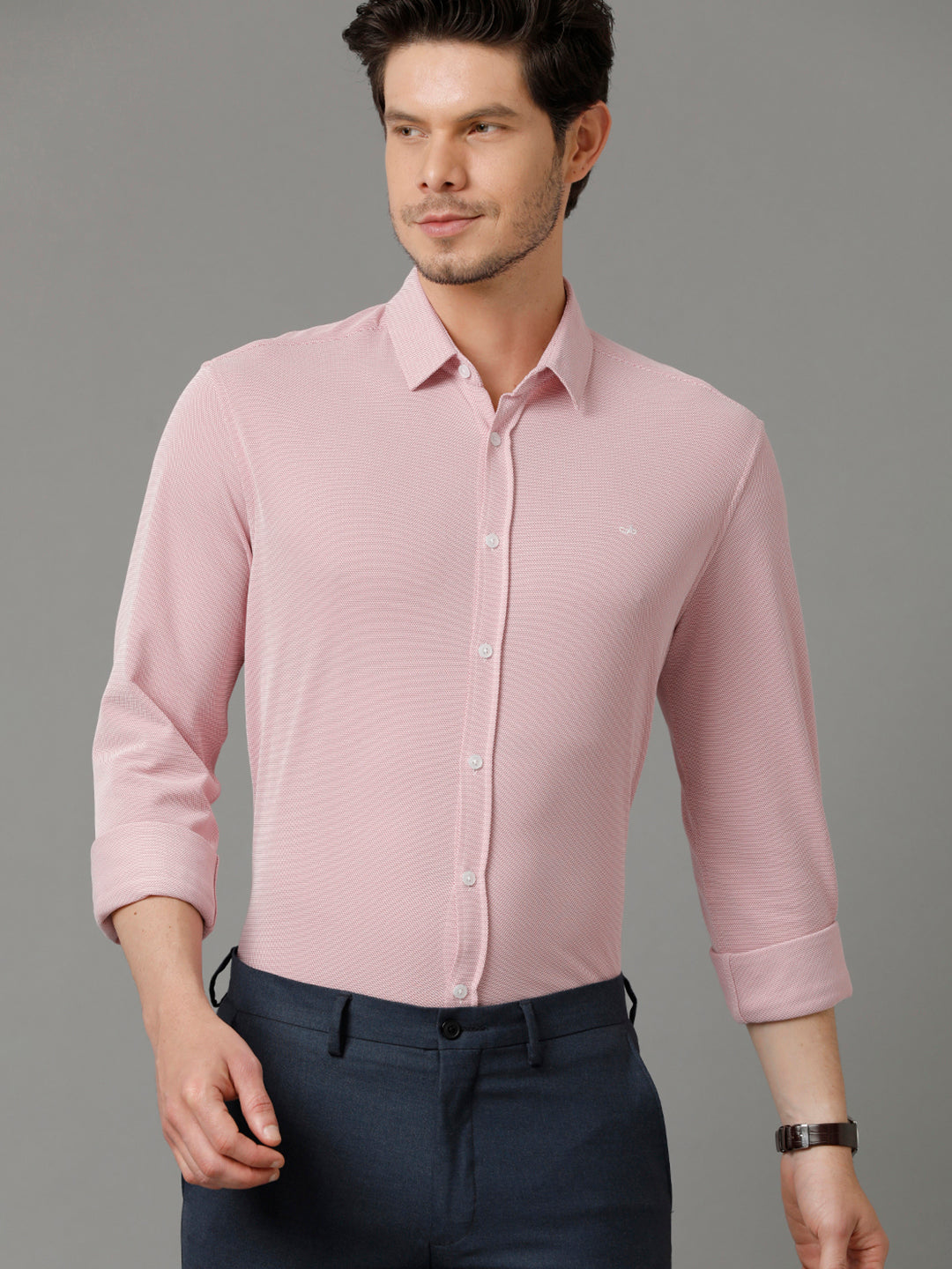 Aldeno Mens Regular Fit Solid Pink Casual Knitted Cotton Shirt (COPER)