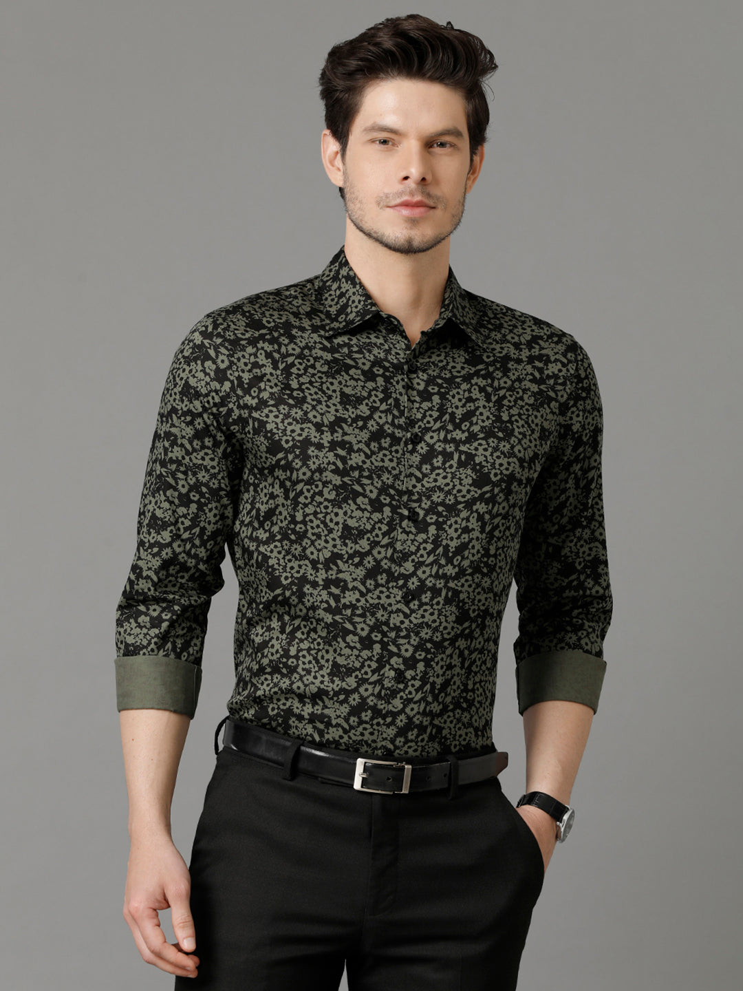 Aldeno Mens Slim Fit Abstract Print Black Casual Shirt (COSMO)