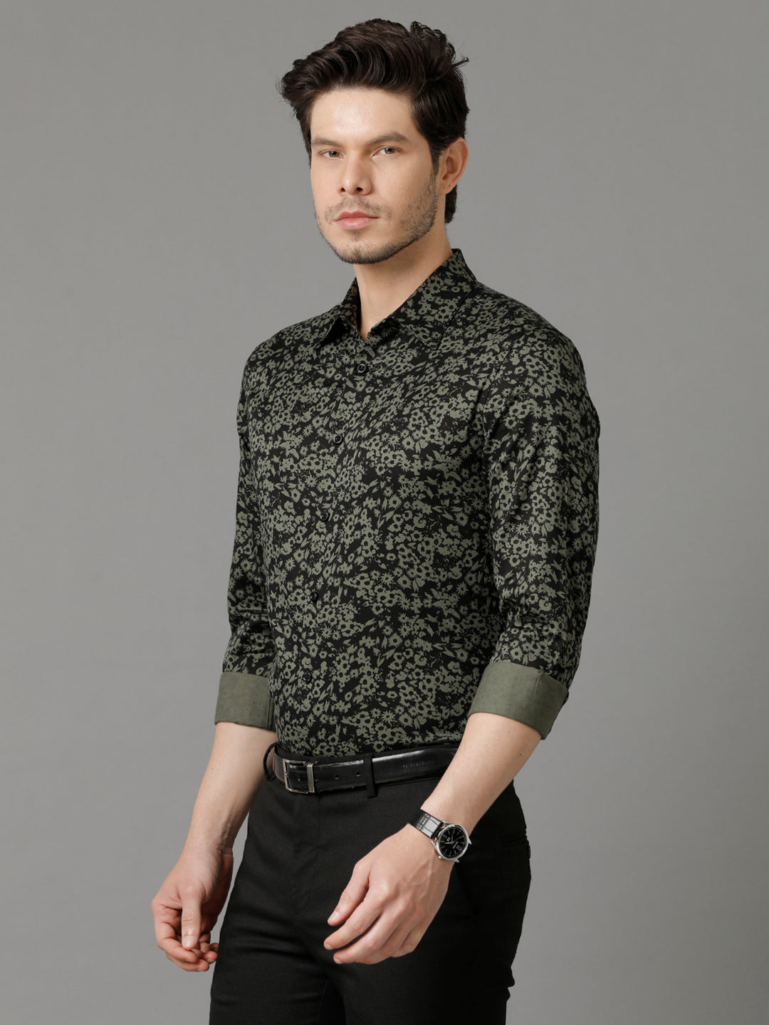 Aldeno Mens Slim Fit Abstract Print Black Casual Shirt (COSMO)