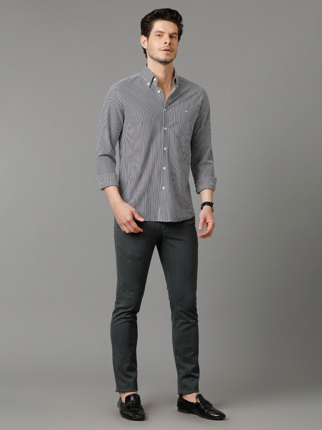 Aldeno Mens Regular Fit Vertical Stripes Navy Blue Formal Knitted Cotton Shirt (COSM)