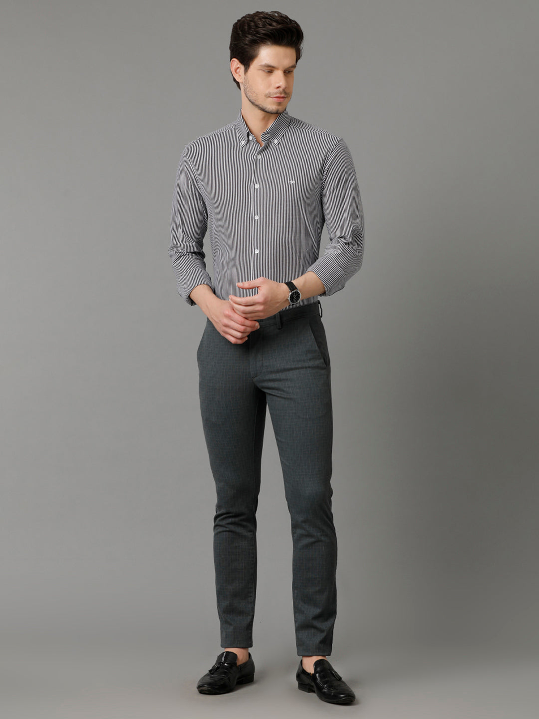 Aldeno Mens Regular Fit Vertical Stripes Navy Blue Formal Knitted Cotton Shirt (COSM)
