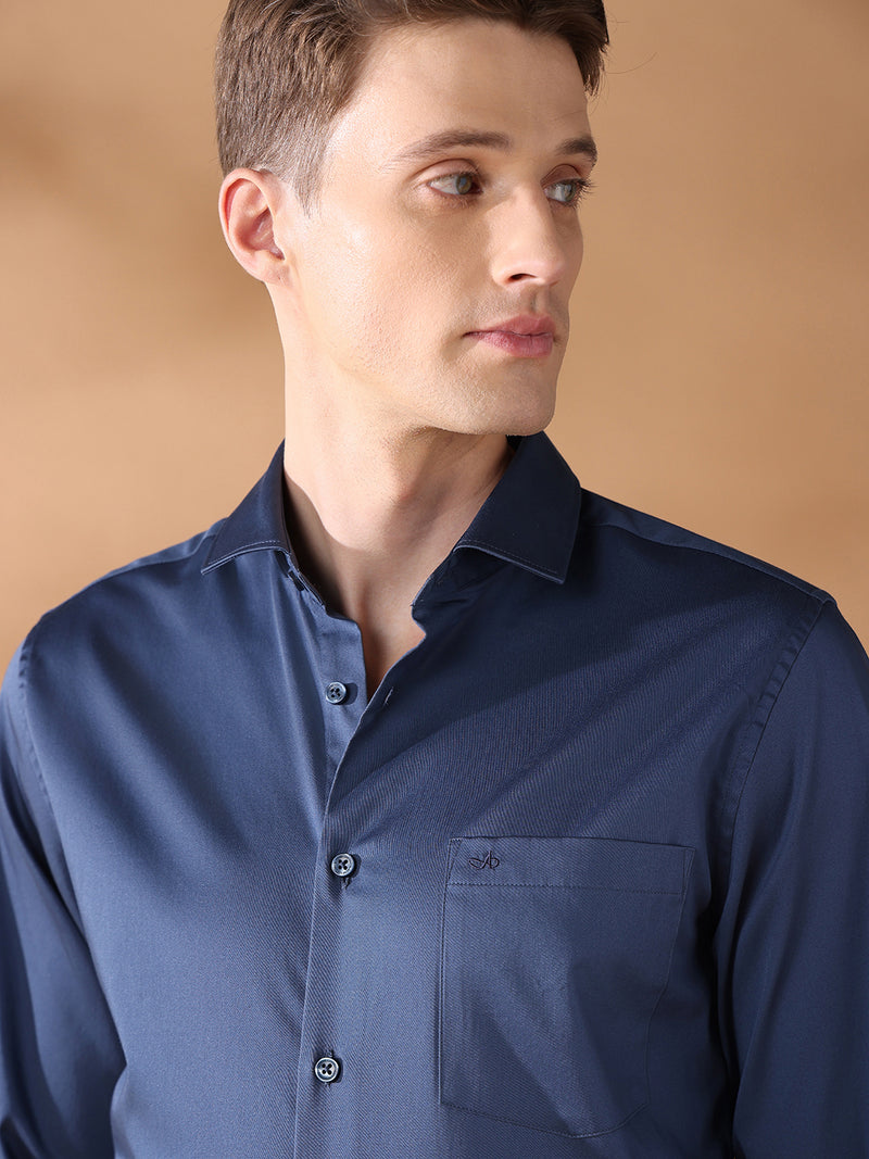Navy Blue slim fit satin formal shirt for men (DEXTER)