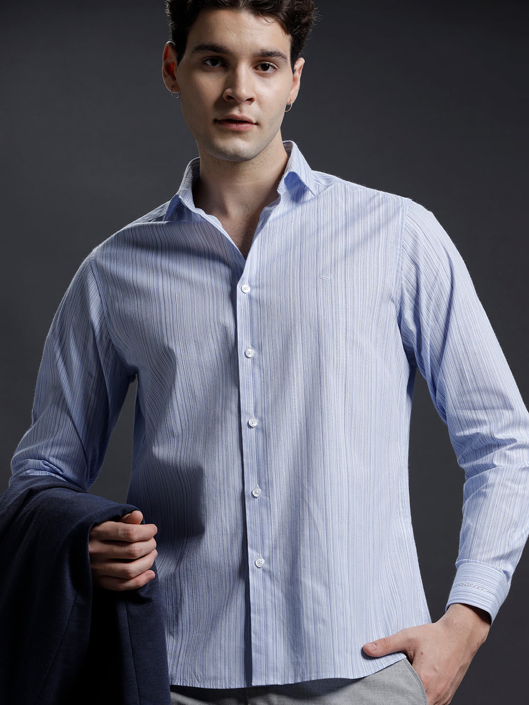 Aldeno Mens Regular Fit Vertical Blue/White Formal Cotton Stretch Shirt (FILOR)