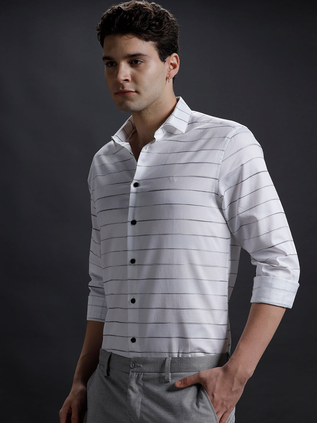 Aldeno Mens Regular Fit Horizontal White/Black Formal Cotton Shirt (HOLLY)