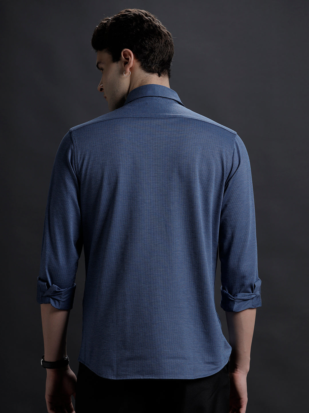 Mens Regular Fit Vertical Navy/Blue Casual Cotton Stretch Shirt (KARAH)