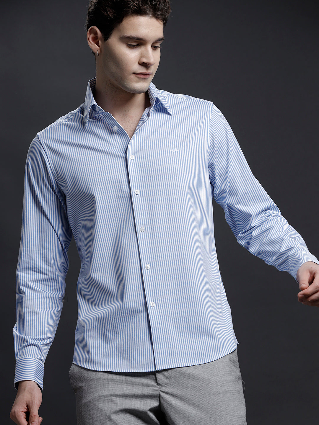 Aldeno Mens Regular Fit Vertical Blue/White Casual Cotton Stretch Shirt (KOLIN)