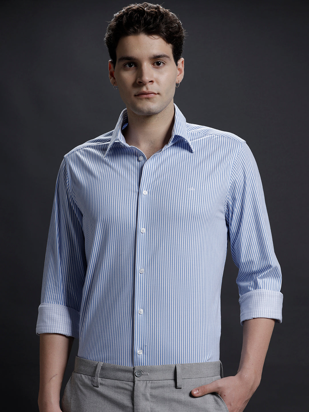 Aldeno Mens Regular Fit Vertical Blue/White Casual Cotton Stretch Shirt (KOLIN)