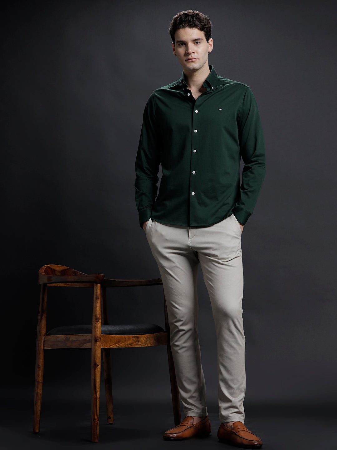 Aldeno Mens Regular Fit Plain Green Casual Cotton Shirt (KOSKI)