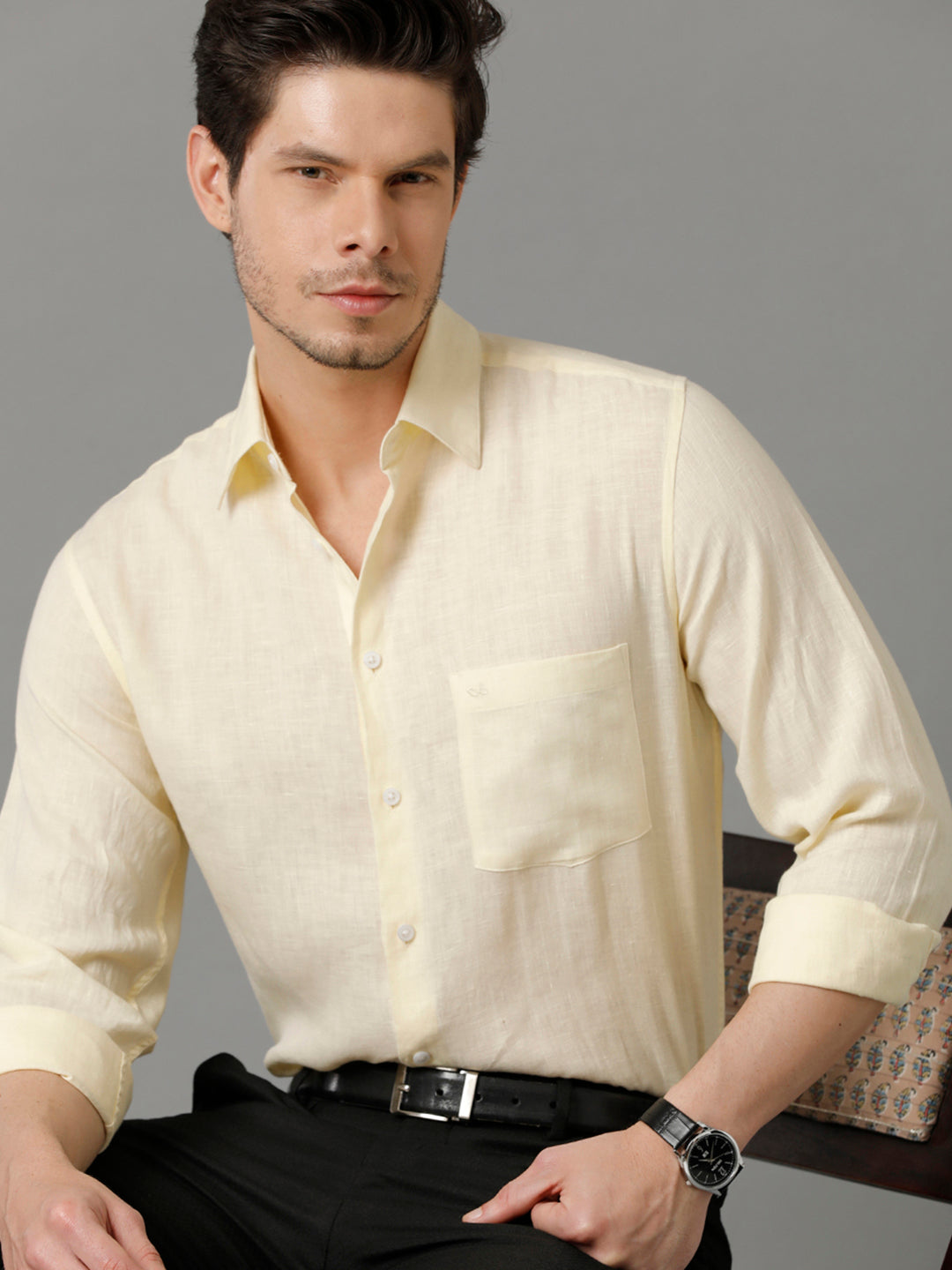 Aldeno Mens Regular Fit Solid Yellow Casual Linen Shirt (LAMAR)