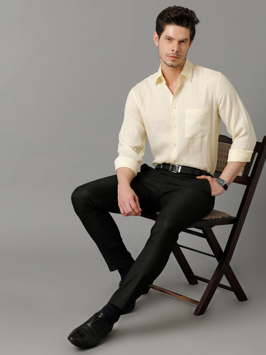 Aldeno Mens Regular Fit Solid Yellow Casual Linen Shirt (LAMAR)