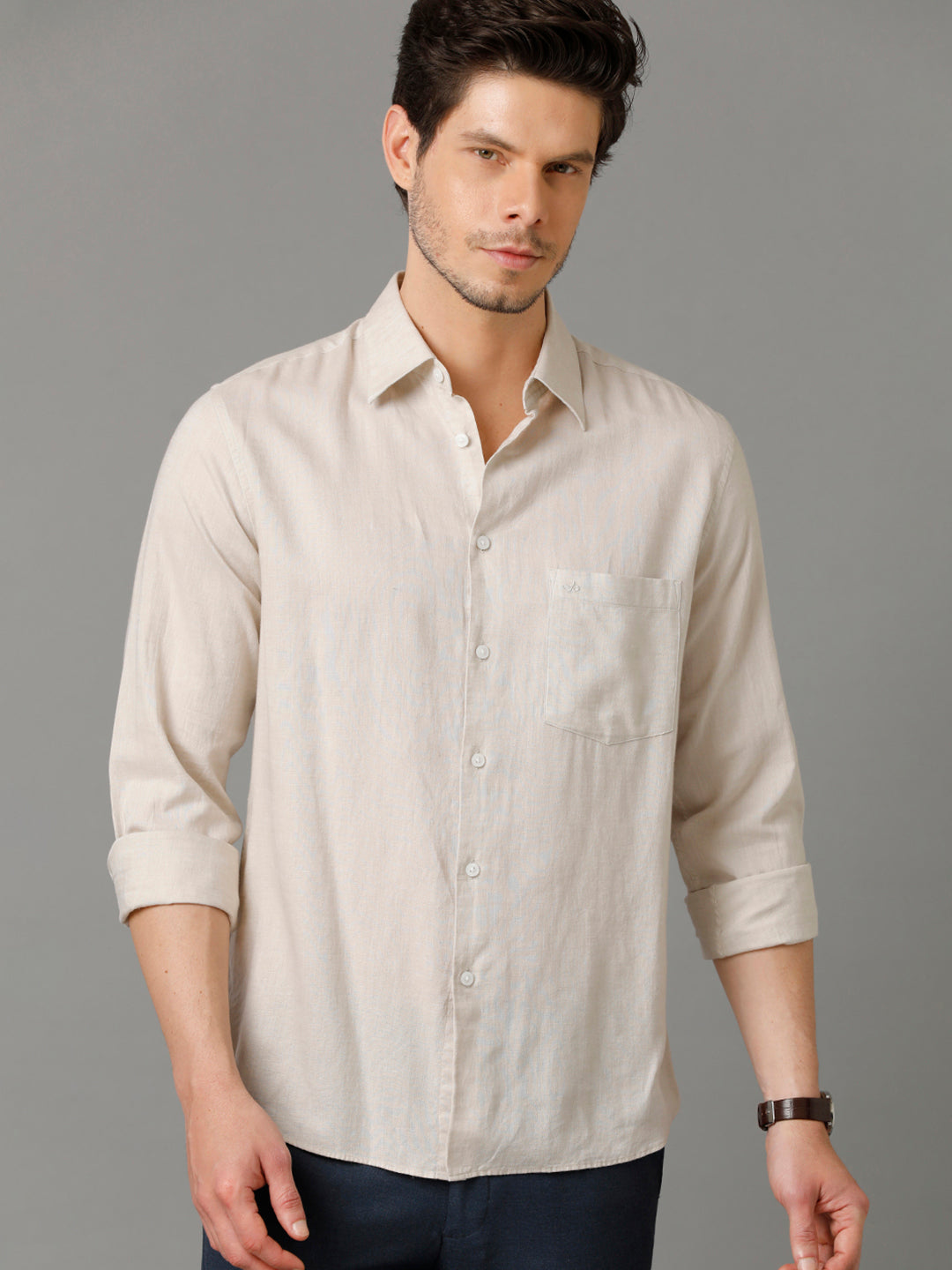 Aldeno Mens Regular Fit Solid Sand Brown Casual Linen Shirt (LEMUE)