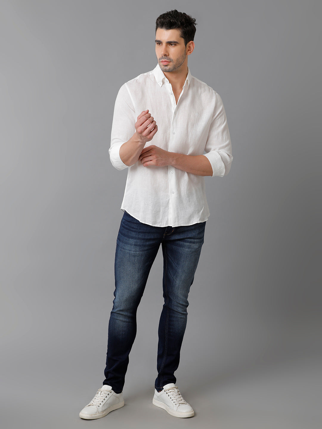 Aldeno Mens Regular Fit Solid White Casual Linen Shirt (LITE)