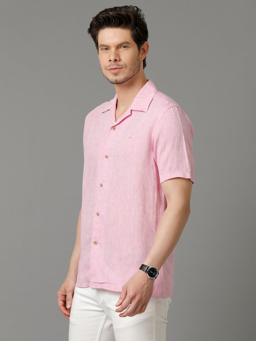 Aldeno Mens Regular Fit Solid Pink Casual Linen Shirt (LUCA)