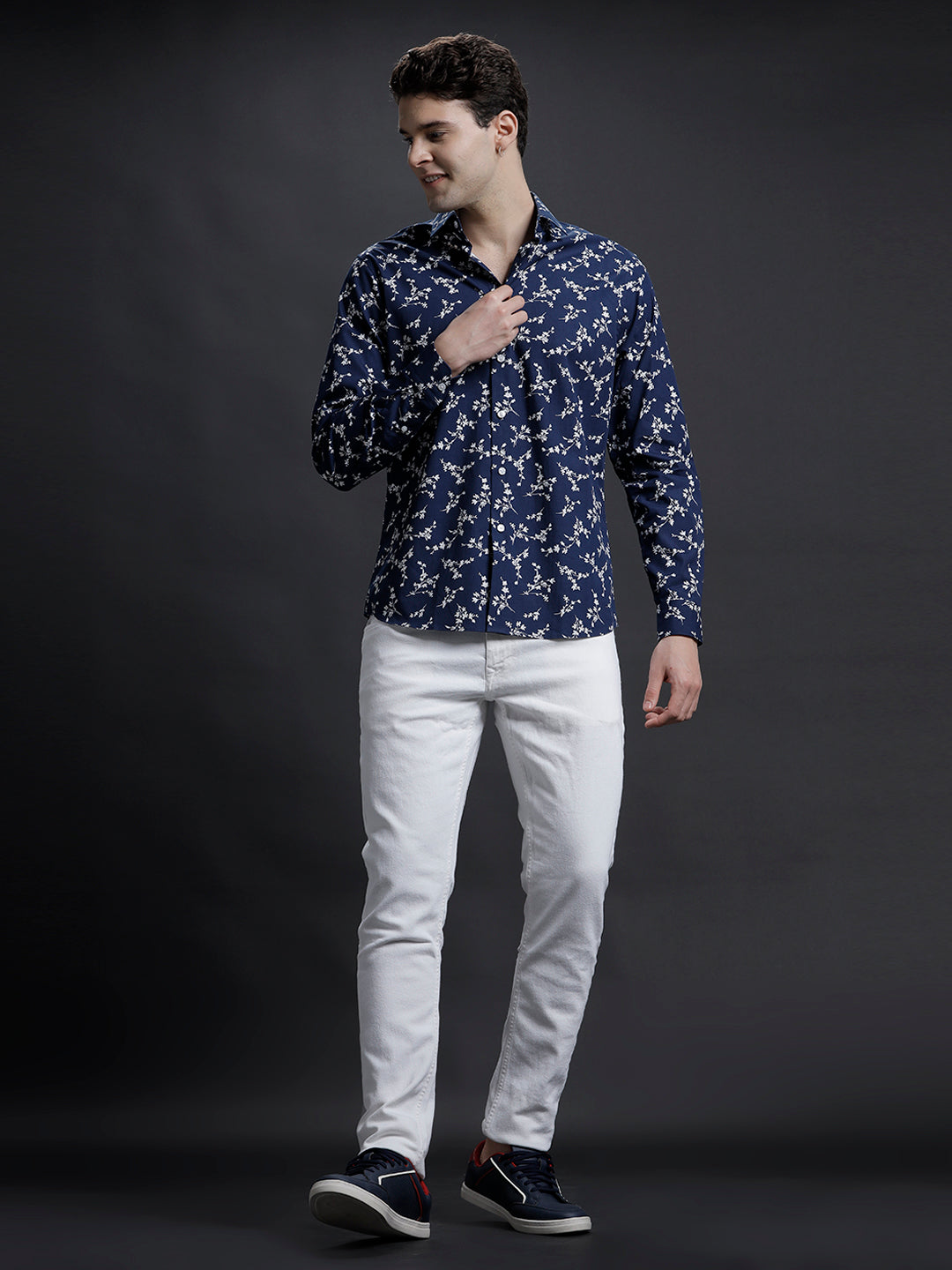 Aldeno Mens Regular Fit Floral Navy/White Casual Cotton Shirt (PADLI)