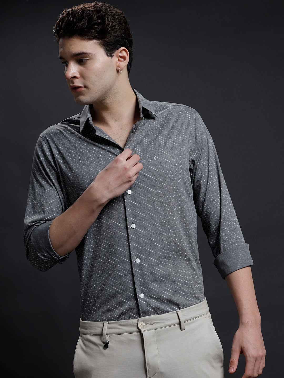 Aldeno Mens Regular Fit Polka Grey/White Formal Cotton Blend Shirt (PERLA)