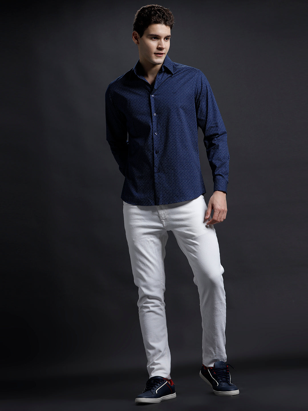 Aldeno Mens Regular Fit Geometric Navy/White Casual Cotton Shirt (PONAV)