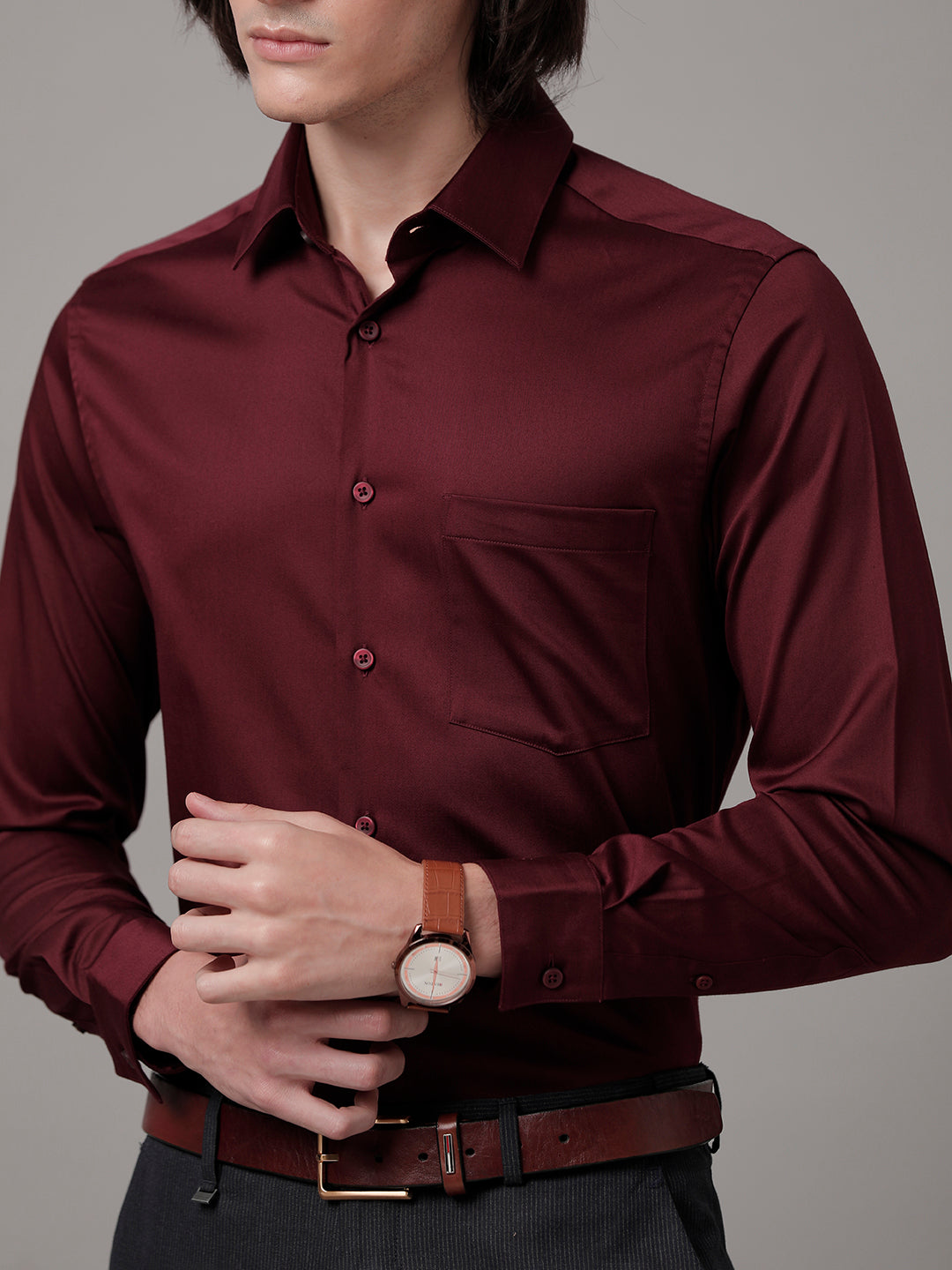 Aldeno Men Solid Formal Maroon Shirt (SAMOR)