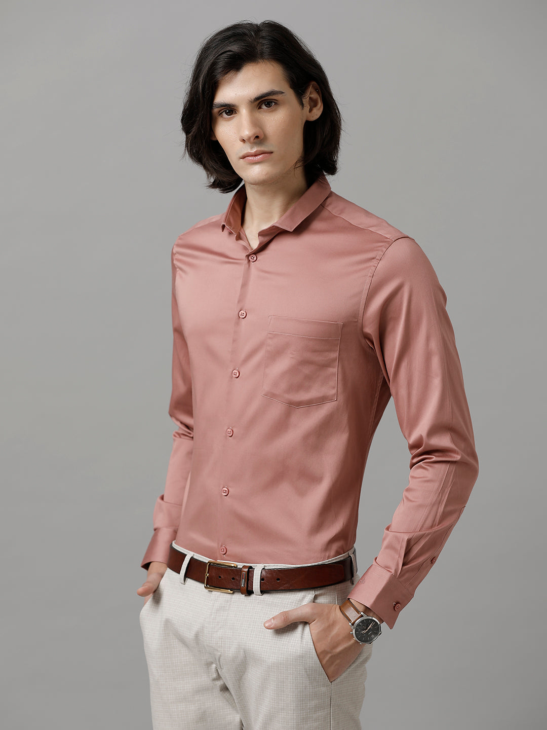 Aldeno Men Solid Formal Peach Shirt (SAPIK)