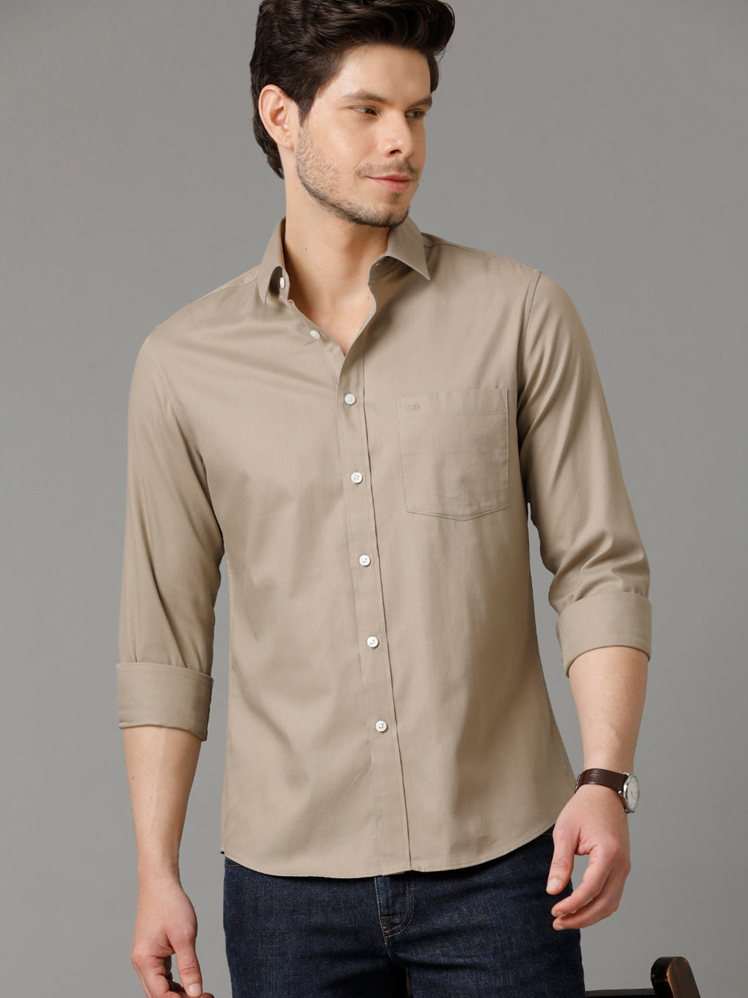 Aldeno Mens Slim Fit Solid Beige Formal Cotton Shirt (SHINE)