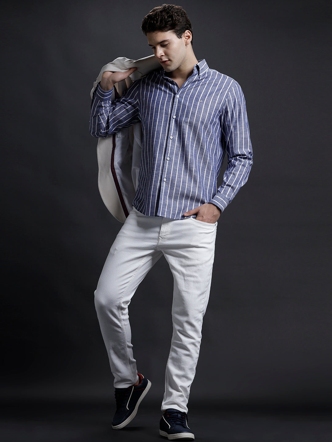 Aldeno Mens Regular Fit Vertical Blue/White Casual Cotton Shirt (LAMBO)