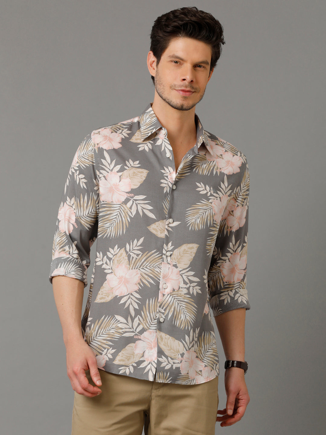 Aldeno Mens Slim Fit Floral Print Grey Casual Viscose Rayon Shirt (VALEN)