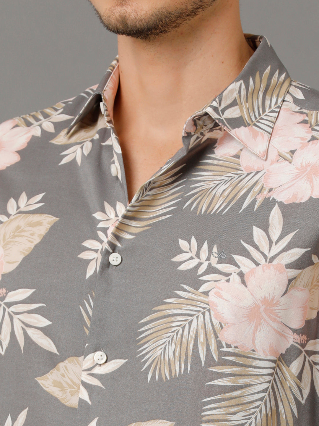 Aldeno Mens Slim Fit Floral Print Grey Casual Viscose Rayon Shirt (VALEN)