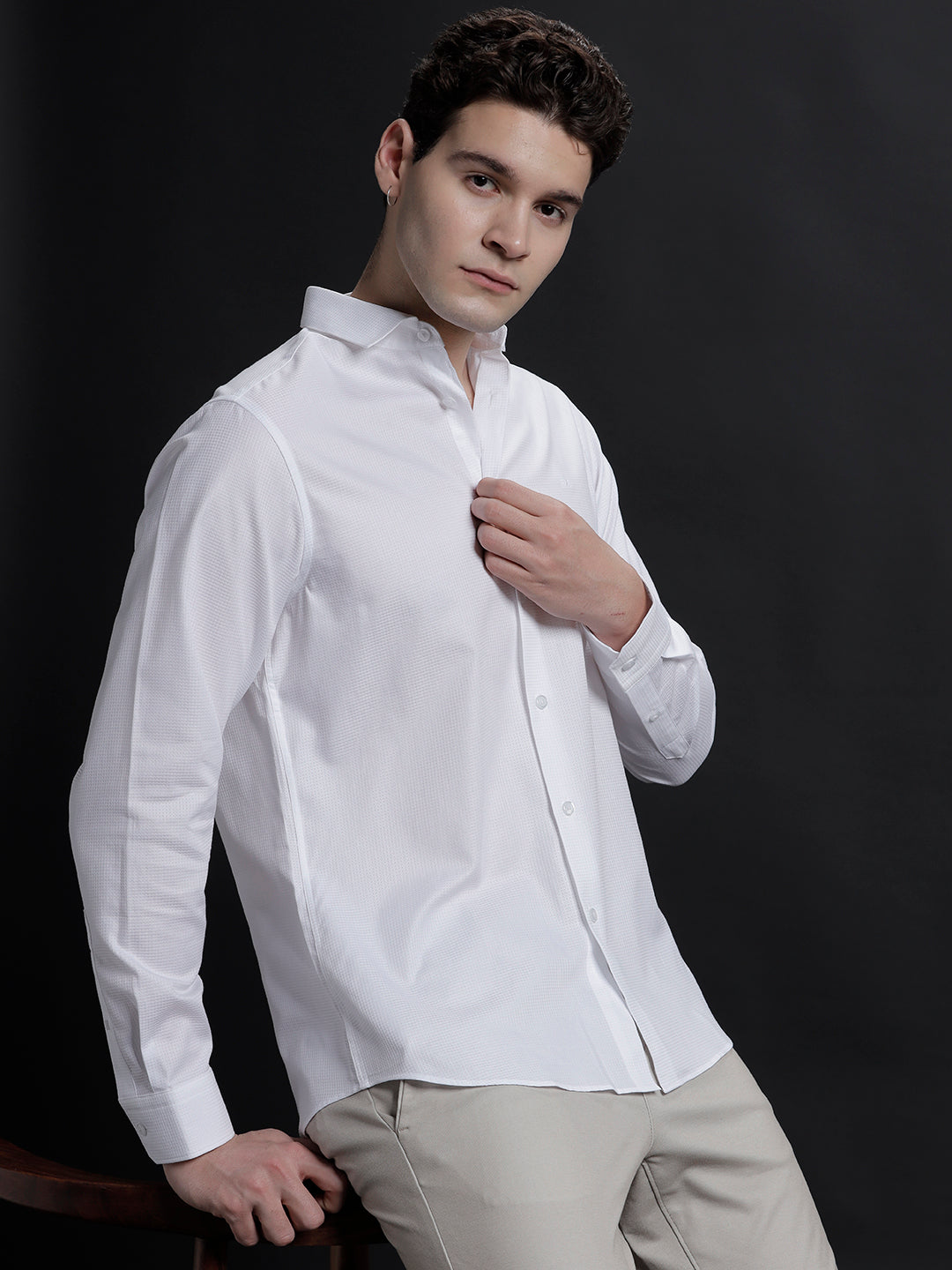 Aldeno Mens Regular Fit Textured White Formal Cotton Shirt (WANIM)