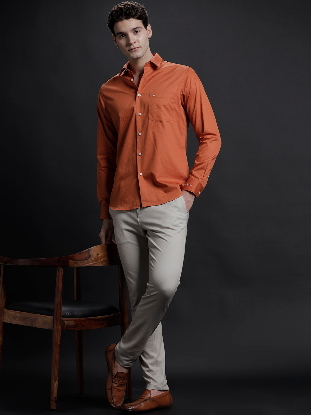 Aldeno Mens Slim Fit Ditsy Orange Casual Cotton Shirt (ZIGGY)