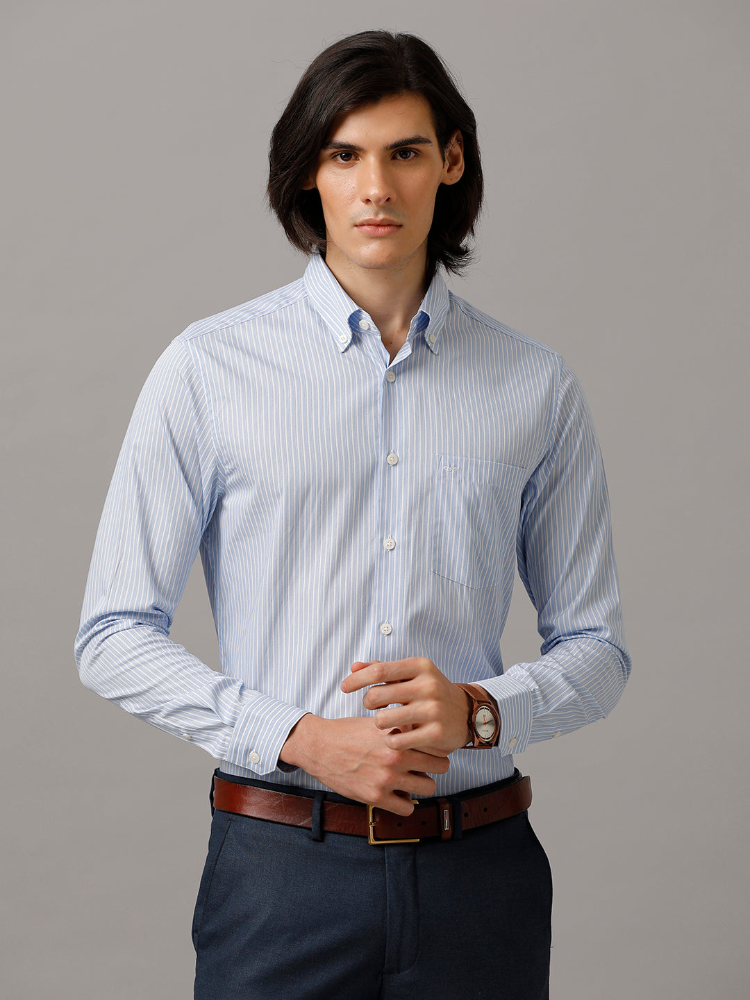 Aldeno Men Striped Formal Light Blue Shirt (BYRON)