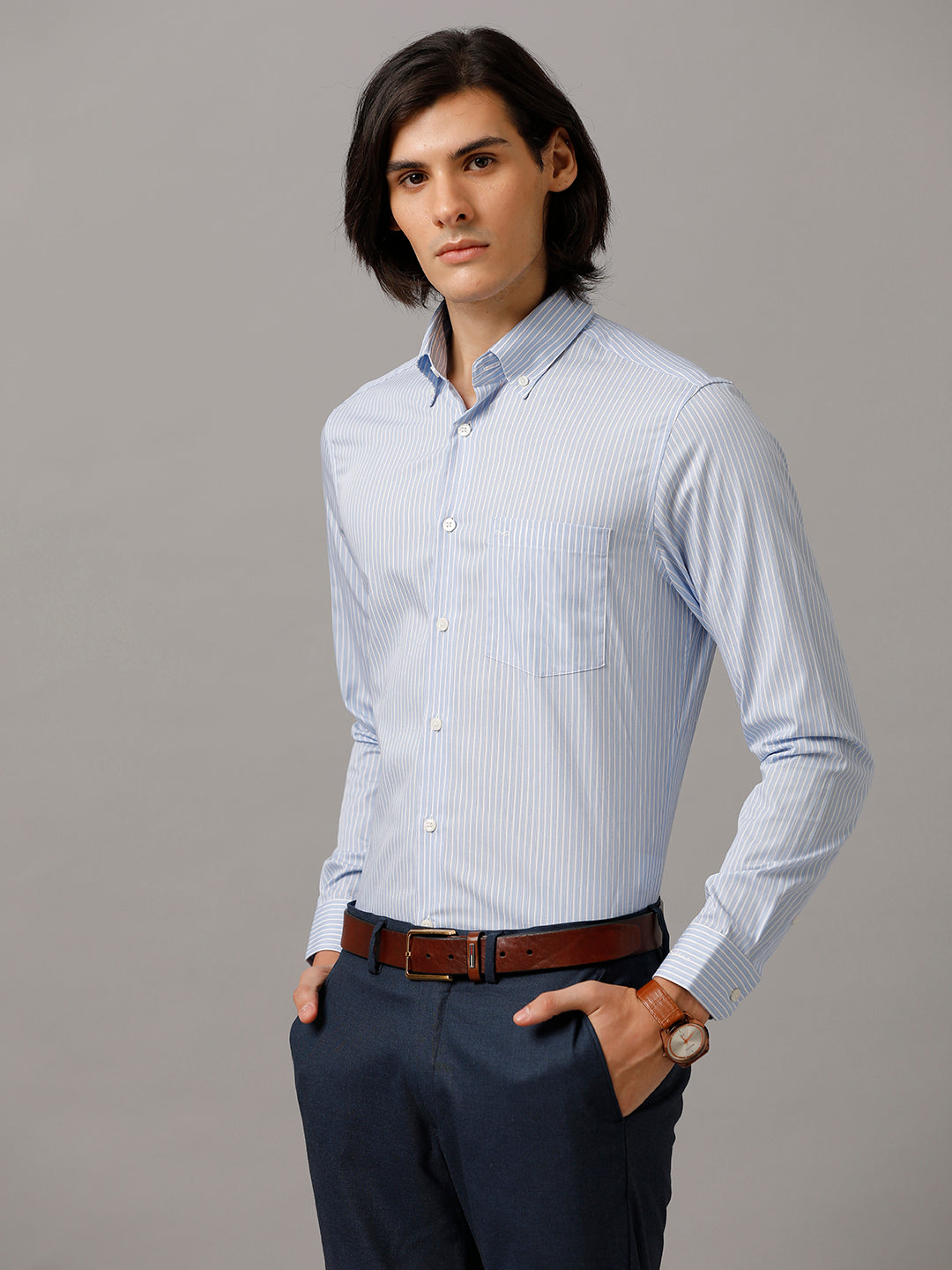 Aldeno Men Striped Formal Light Blue Shirt (BYRON)