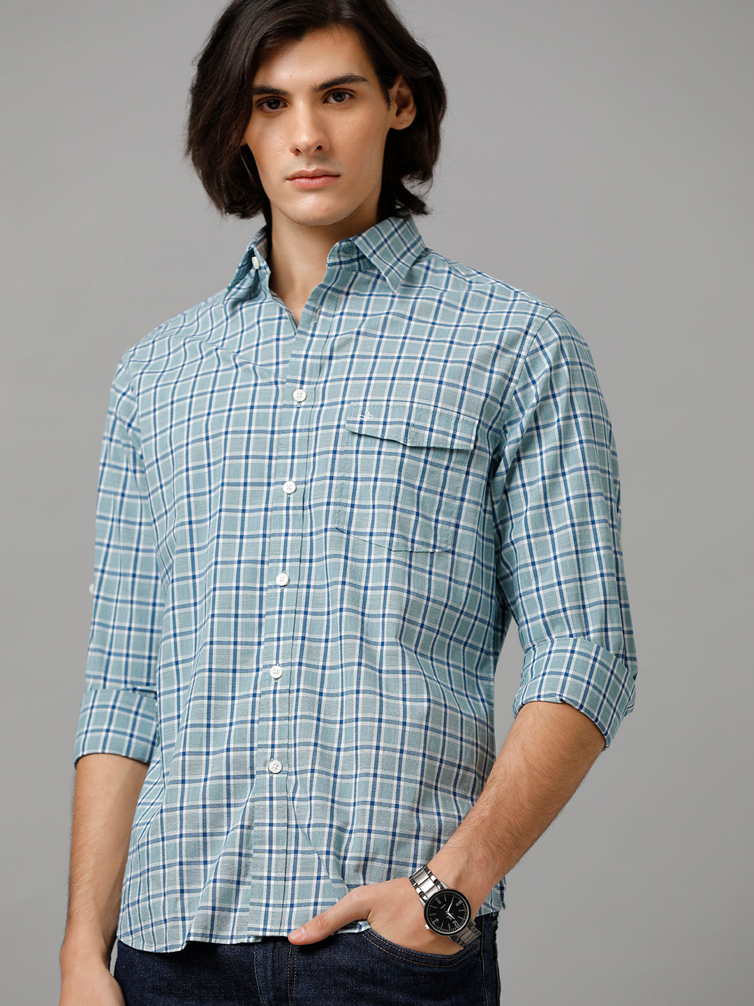 Aldeno Checkered Casual Green & Navy Shirt For Men