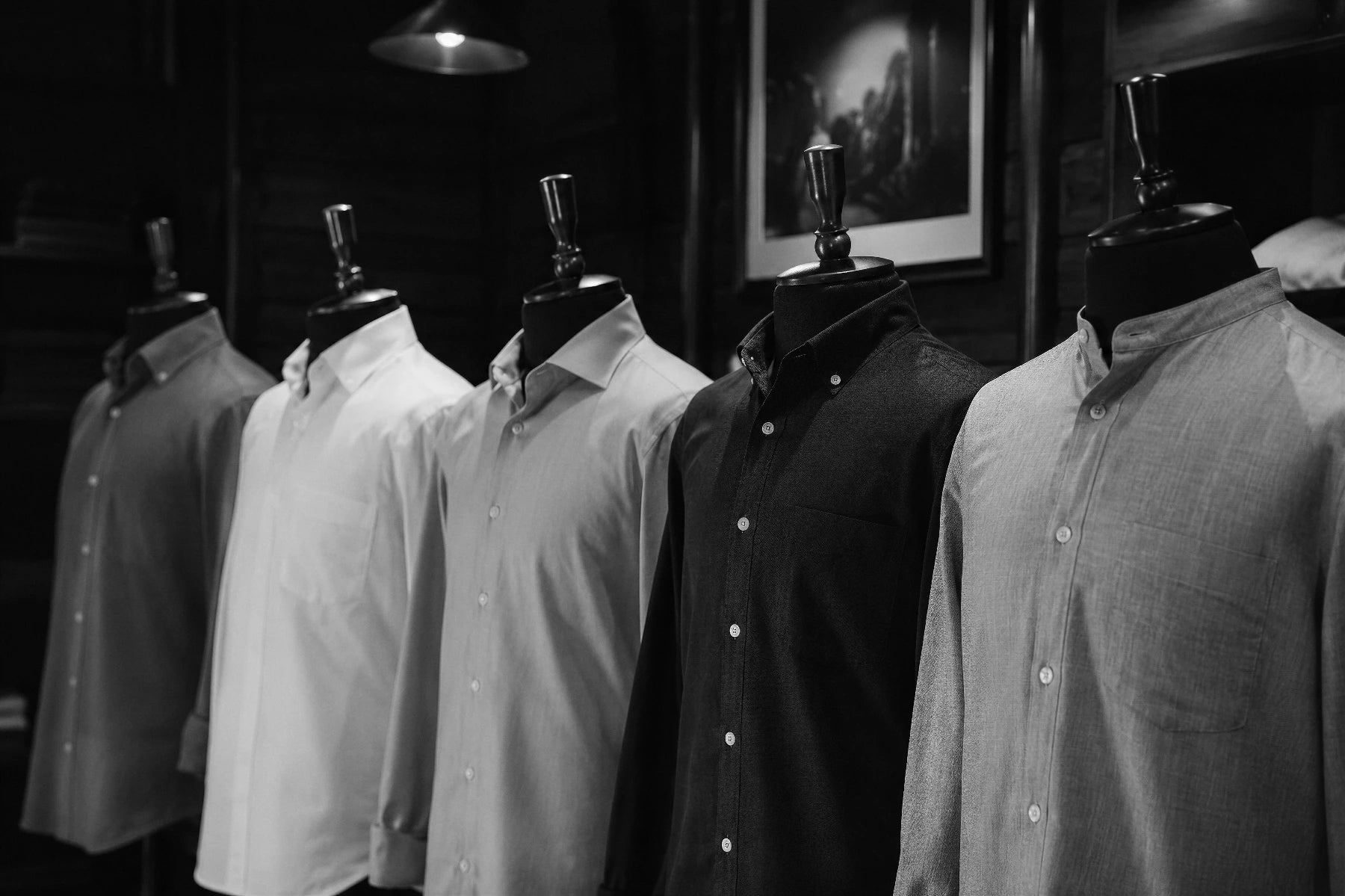 A collection of tailored Aldeno shirts on dress forms